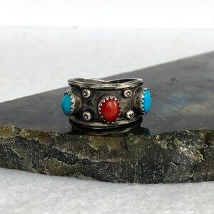 VTG Sterling Silver 925 Southwest Style Turquoise Coral 3 Stone Wide Band Ring
